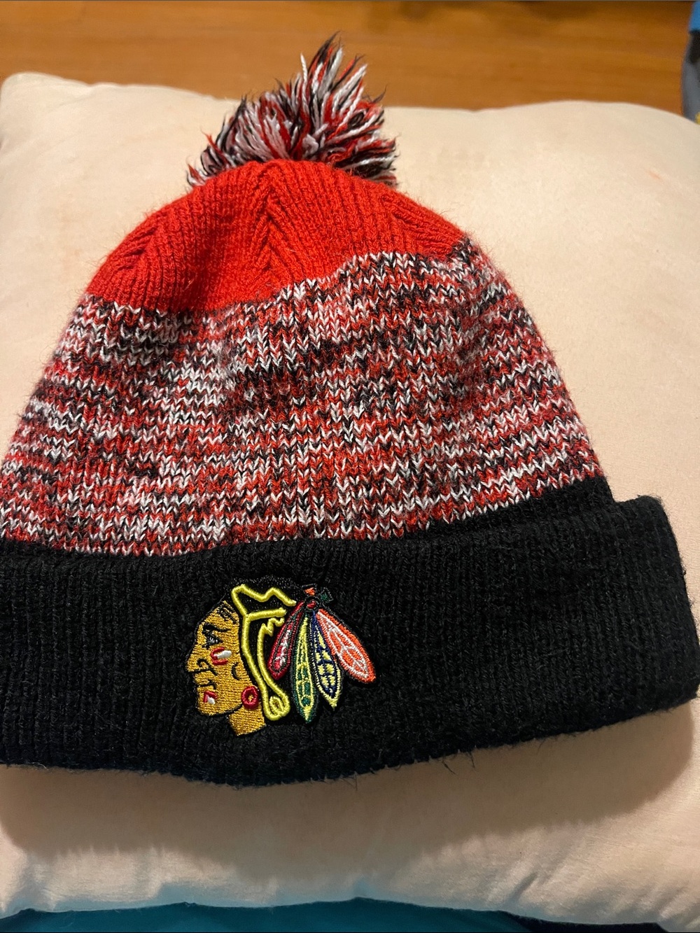 NFL Red, Black & White Pom Beanie with Embroidered Team Patch